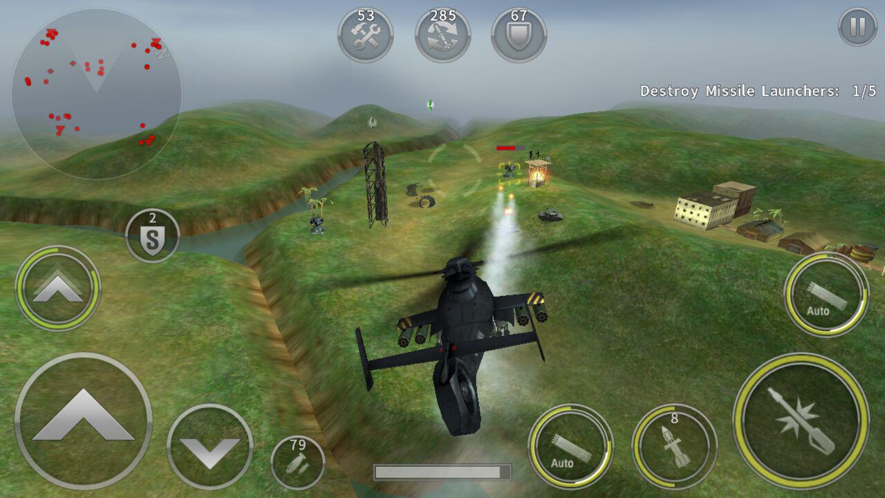 In-mission still with helicopter over green hills